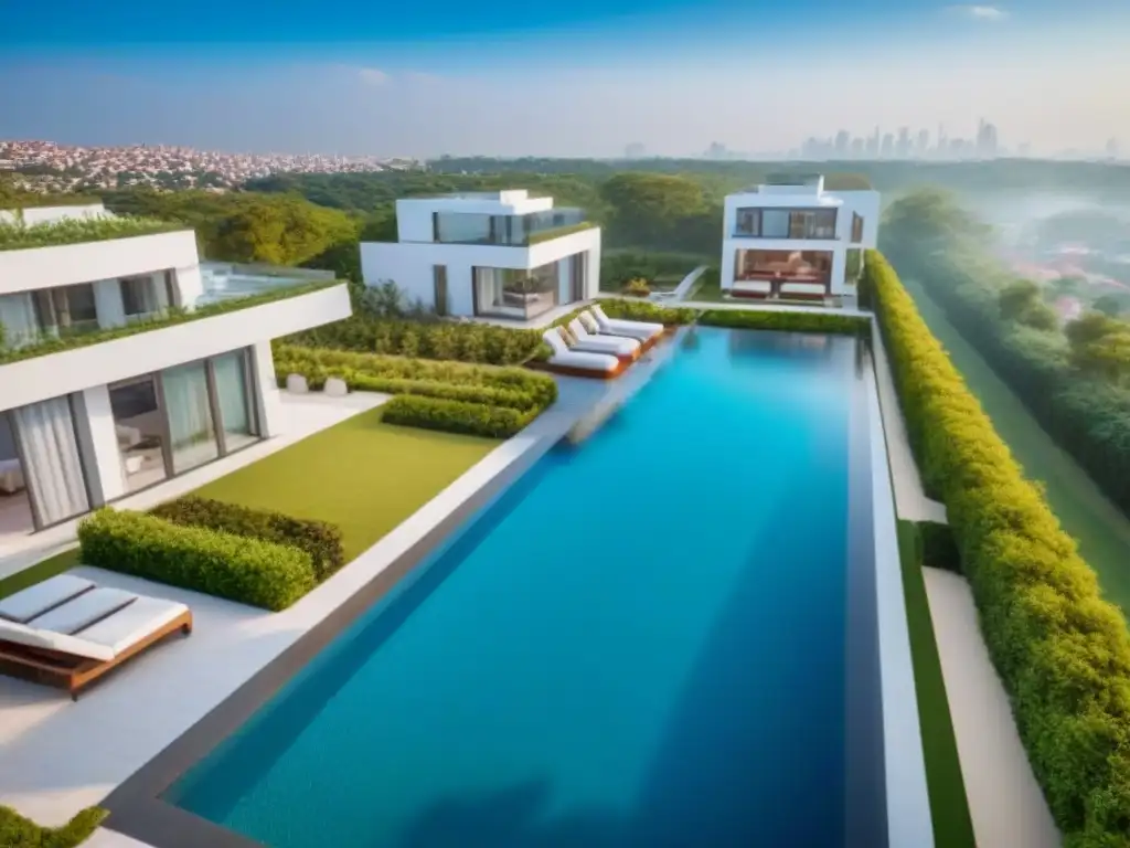 Desarrollo inmobiliario de lujo: arquitectura moderna y elegancia urbana Vista aérea impresionante de proyecto desarrollo propiedades lujo con arquitectura moderna y amenidades exclusivas en un entorno exquisito