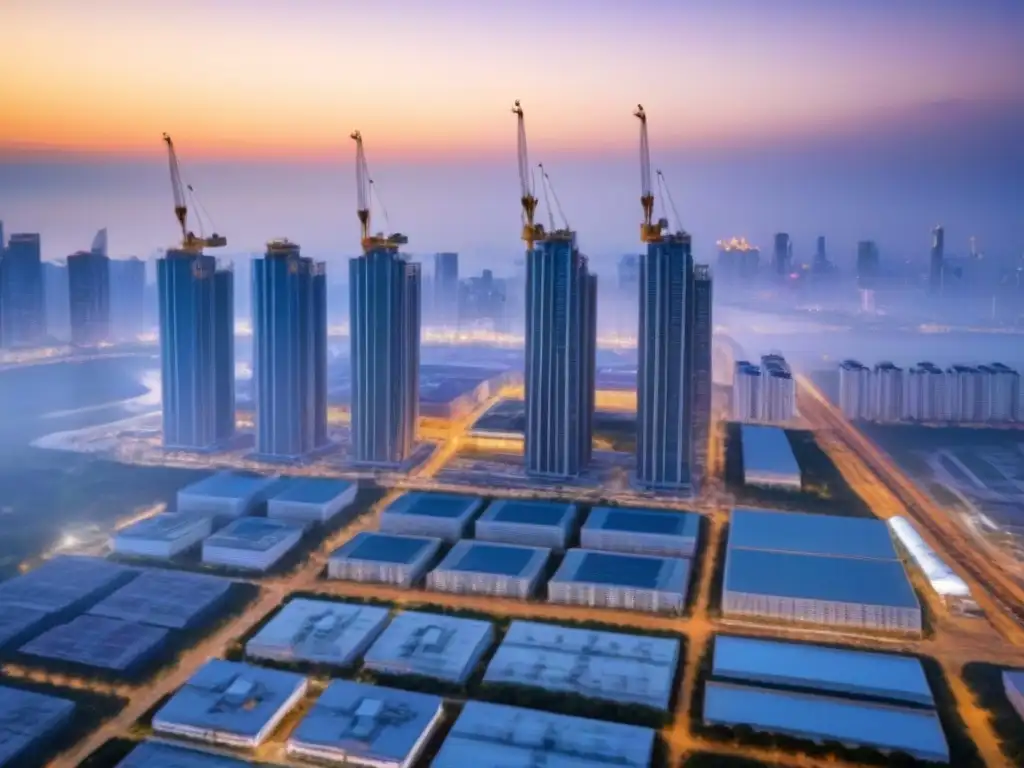 Vista aérea impactante de proyectos inmobiliarios en construcción Vista aérea impresionante de proyectos inmobiliarios monumentales en construcción en la ciudad, destacando rascacielos modernos y actividad frenética de construcción