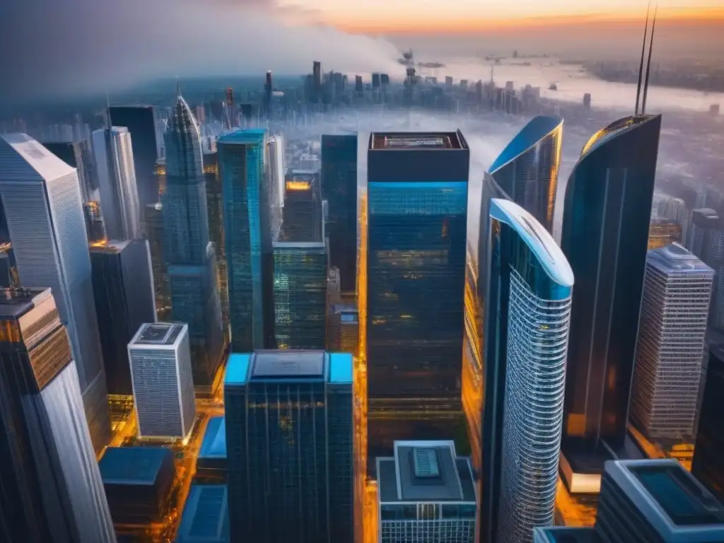 Vista aérea impactante de una ciudad moderna y próspera con rascacielos Vista aérea impresionante de rascacielos en distrito empresarial, reflejando éxito y oportunidad en bienes raíces