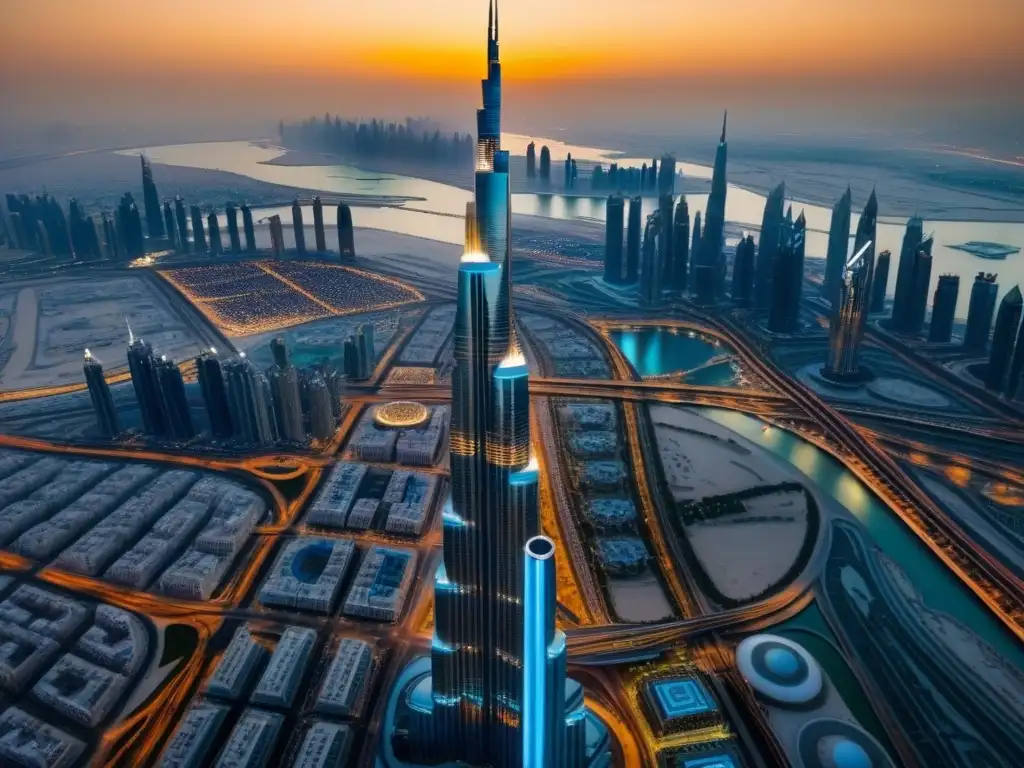 Esplendor dorado: atardecer en Dubai con el Burj Khalifa Vista aérea impresionante del skyline de Dubái al atardecer con el Burj Khalifa, reflejando oportunidades de inversión en Dubái