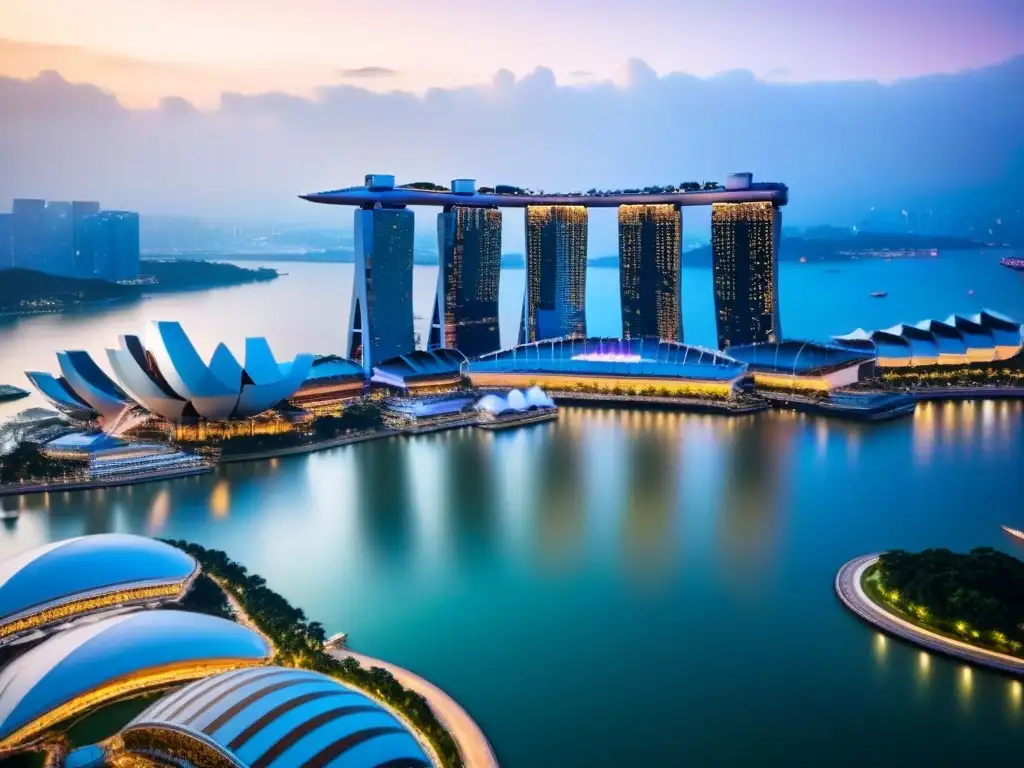Espectacular vista aérea de Singapur: Marina Bay Sands al atardecer Vista aérea impresionante del skyline de Singapur al anochecer, con Marina Bay Sands y rascacielos iluminados reflejados en las aguas tranquilas