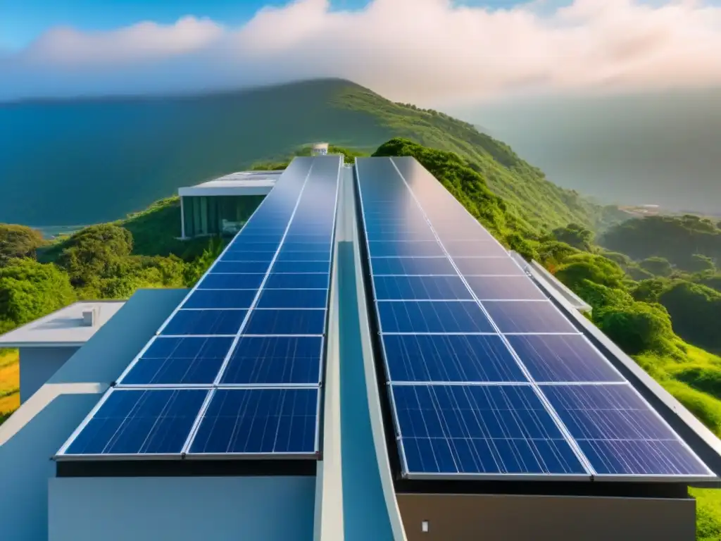 Vista aérea impresionante de techo con paneles solares en edificio ecoamigable, rodeado de vegetación, bajo cielo azul