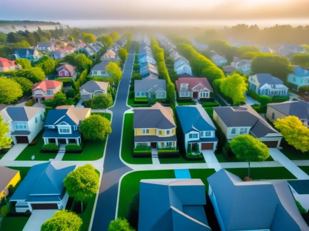 Vista aérea impresionante de vecindario suburbano colorido, ideal para compradores vivienda