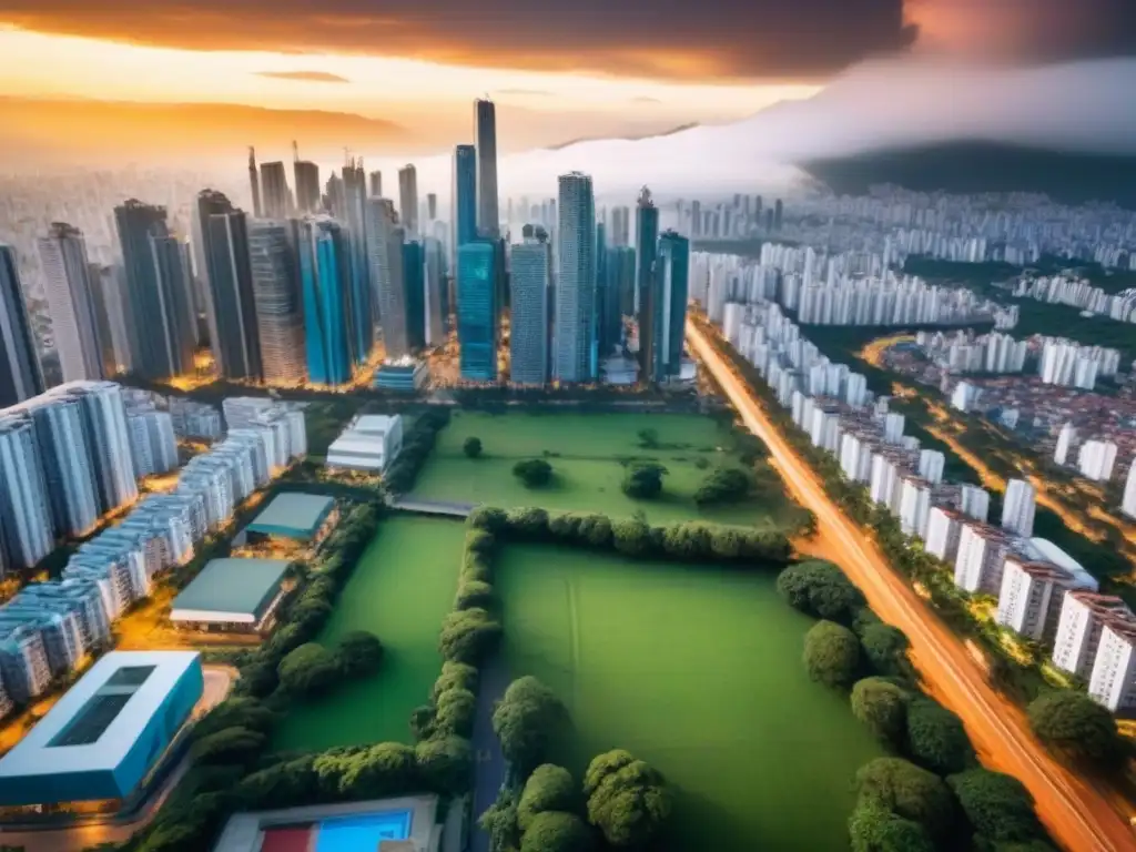 Vibrante ciudad latinoamericana: inversión inmobiliaria en auge Vista aérea impresionante de la vibrante ciudad de América Latina: rascacielos, calles bulliciosas y parques verdes