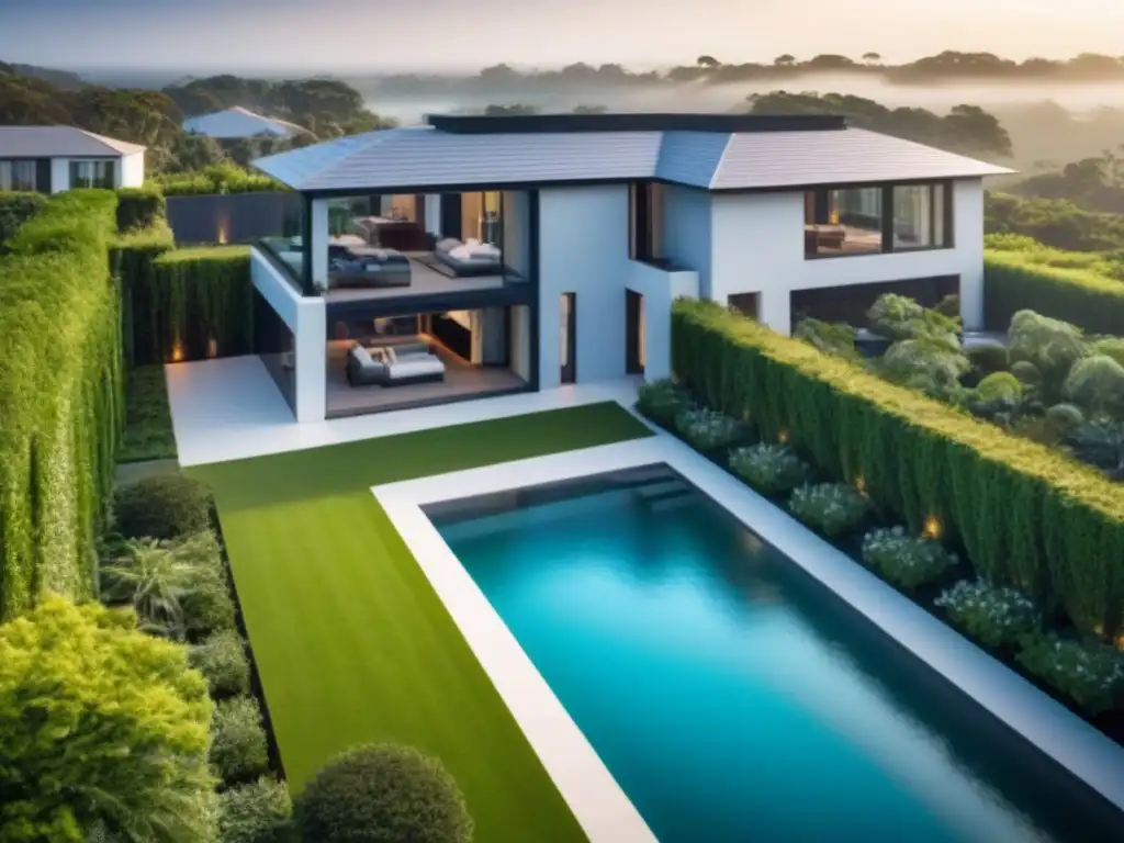Desarrollo inmobiliario de lujo: arquitectura moderna y espacios verdes Vista aérea de lujo inmobiliario, arquitectura moderna, áreas verdes, piscina y espacios elegantes