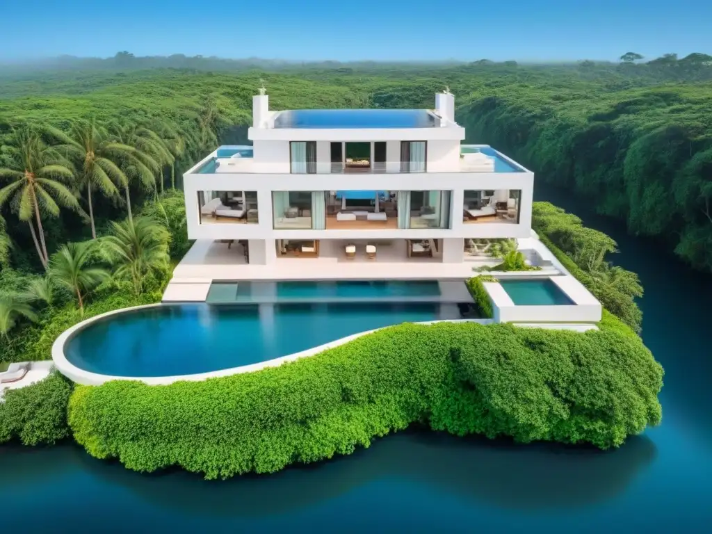 Residencia de lujo: arquitectura moderna y naturaleza exuberante Vista aérea de mansión de lujo rodeada de naturaleza, piscina cristalina y diseño interior elegante
