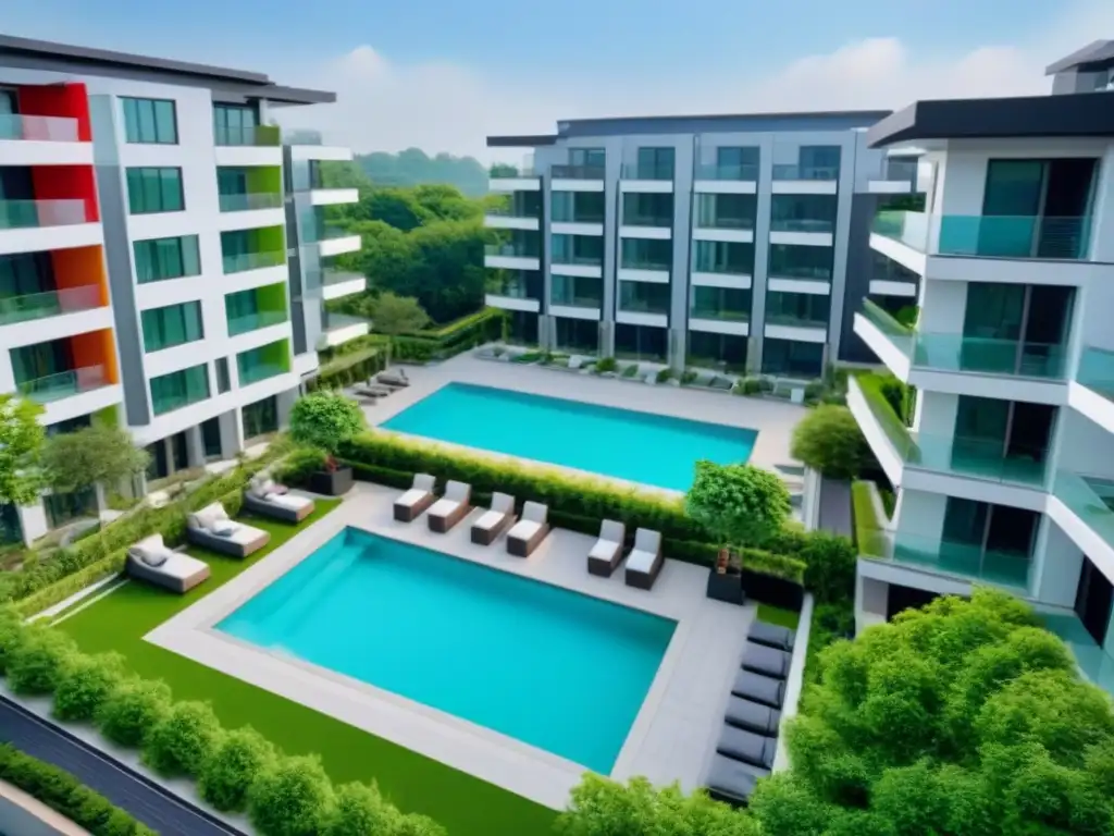 Complejo de apartamentos modernos de lujo con amenidades y vibrante comunidad Vista aérea de lujoso complejo de apartamentos modernos con amenities y ambiente comunitario vibrante