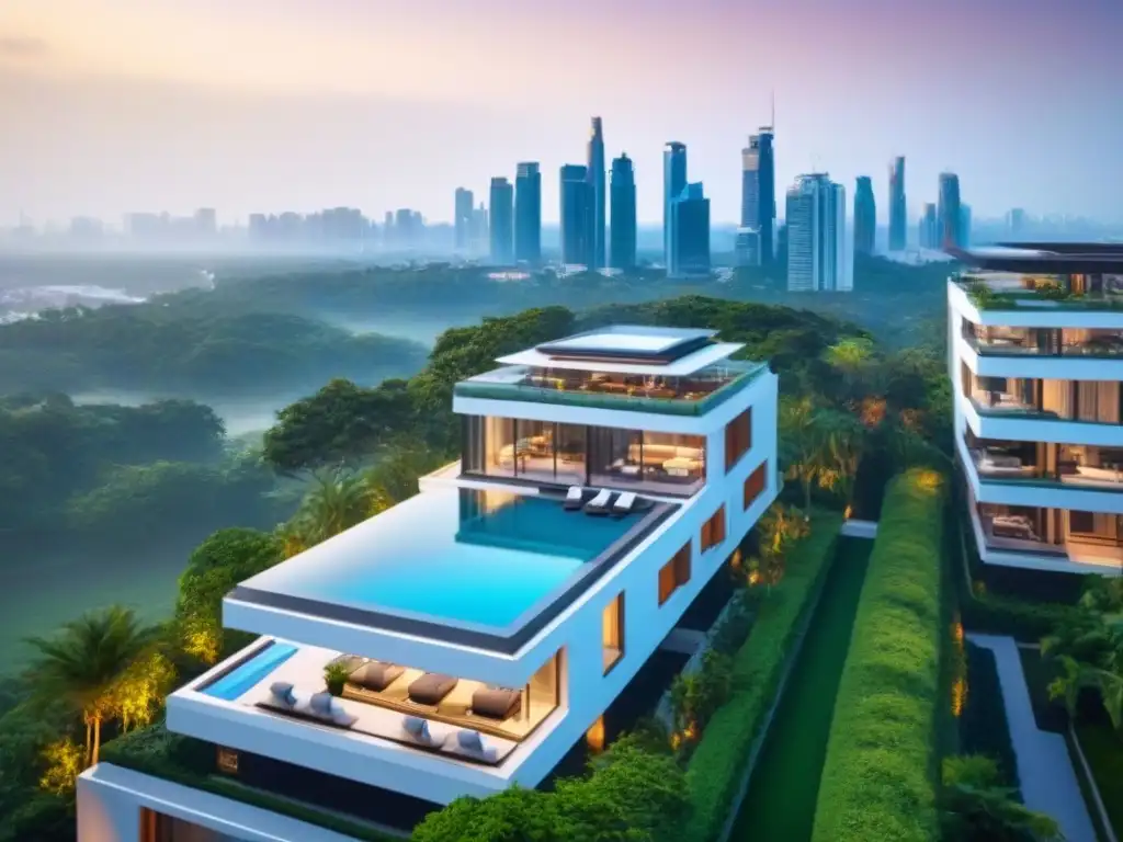 Edificio de lujo con piscina infinita en la azotea Vista aérea de un lujoso edificio moderno rodeado de exuberante vegetación, con una deslumbrante ciudad de fondo