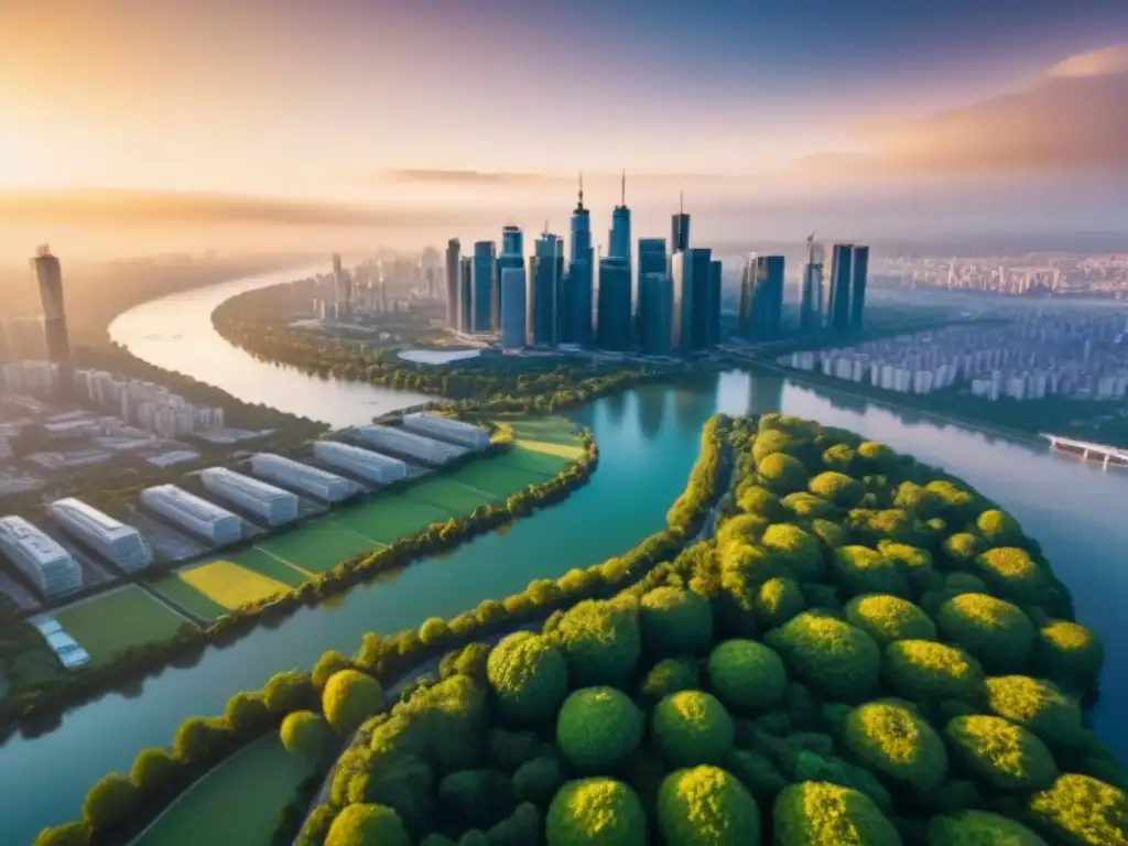 Vista aérea majestuosa de una ciudad bulliciosa al atardecer dorado, con rascacielos relucientes y río serpenteante