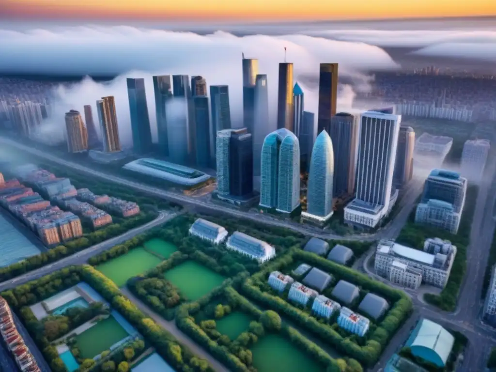 Armonía urbana: mezcla entre rascacielos modernos y edificios históricos Vista aérea de una metrópoli vibrante, donde rascacielos modernos y edificios históricos conviven en armonía