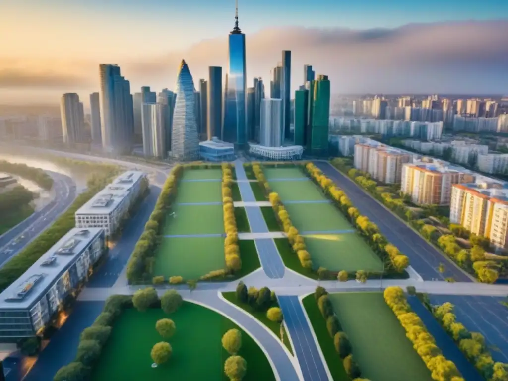 Vibrante ciudad moderna: vida urbana millennial en acción Vista aérea moderna de una bulliciosa ciudad con rascacielos y áreas residenciales y comerciales