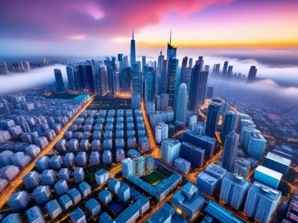 Vibrante panorama urbano: inversión inmobiliaria en la ciudad Vista aérea moderna de una ciudad vibrante con rascacielos, reflejando el dinamismo de la inversión financiera inmobiliaria en REITs