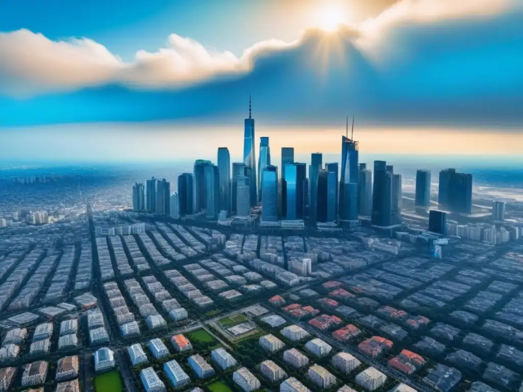Vibrante panorama urbano: mercado inmobiliario y financiero en auge Vista aérea moderna de una ciudad vibrante con rascacielos y edificios residenciales, simbolizando el dinámico mundo del financiamiento inmobiliario