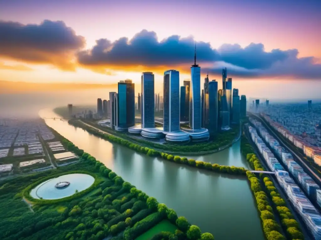 Metrópolis moderna y natural al atardecer: crecimiento urbano y prosperidad Vista aérea de una moderna ciudad al atardecer con rascacielos reflejando tonos dorados, rodeada de vegetación y un río serpenteante