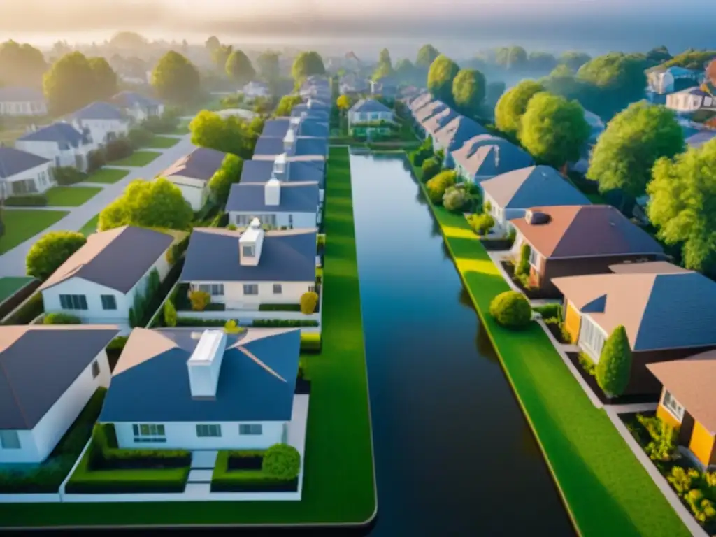 Inversión inmobiliaria diversificada: barrio moderno y diverso Vista aérea moderna y diversa de vecindario con propiedades inmobiliarias variadas
