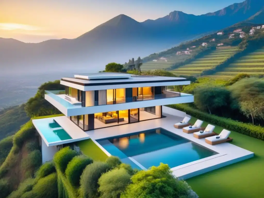 Villa de lujo con piscina y vistas panorámicas Vista aérea de villa moderna de lujo con piscina, rodeada de naturaleza y montañas