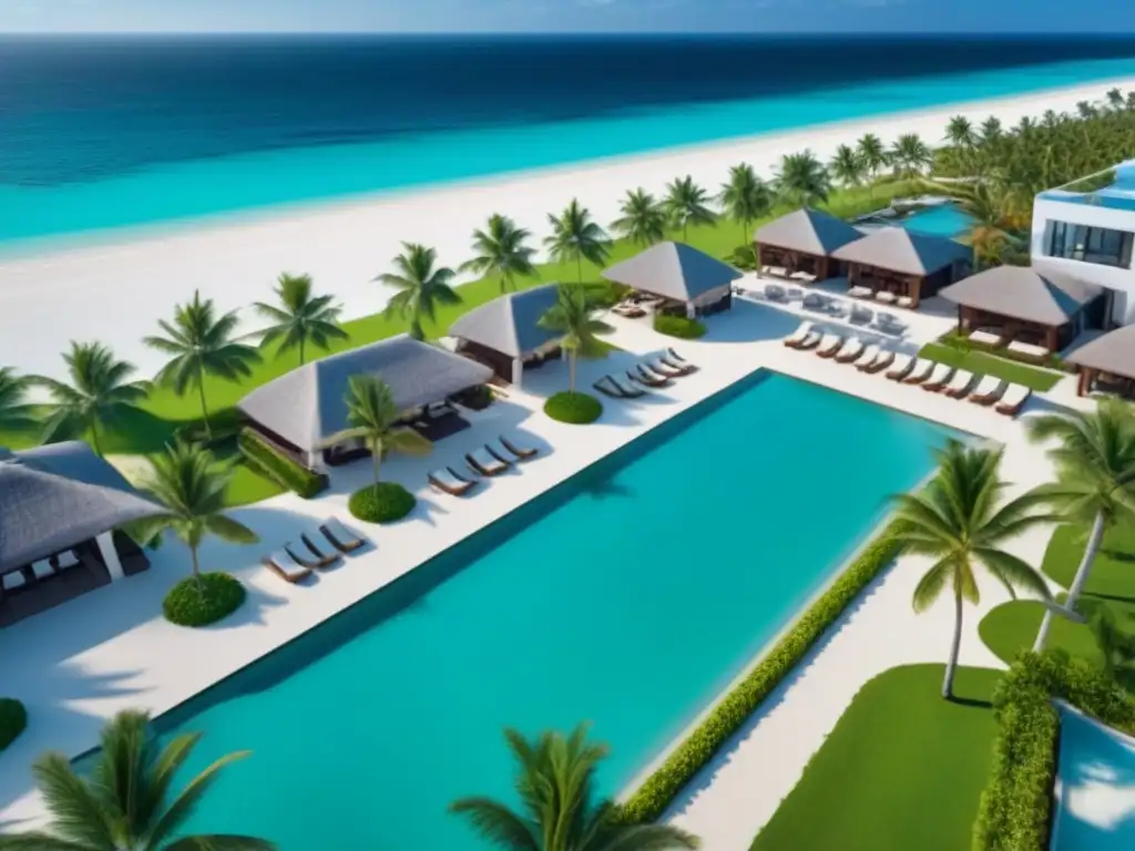 Resort de lujo frente al mar: para inversionistas y soñadores Vista aérea moderna de un lujoso resort frente a la playa con aguas turquesas, palmeras y comodidades de lujo