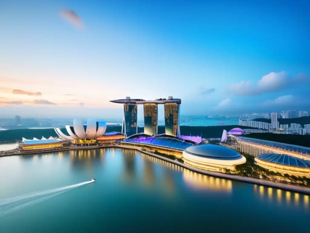 Horizonte de Singapur al atardecer: Marina Bay Sands iluminado Vista aérea de noche de Singapur con Marina Bay Sands iluminado, reflejándose en la bahía