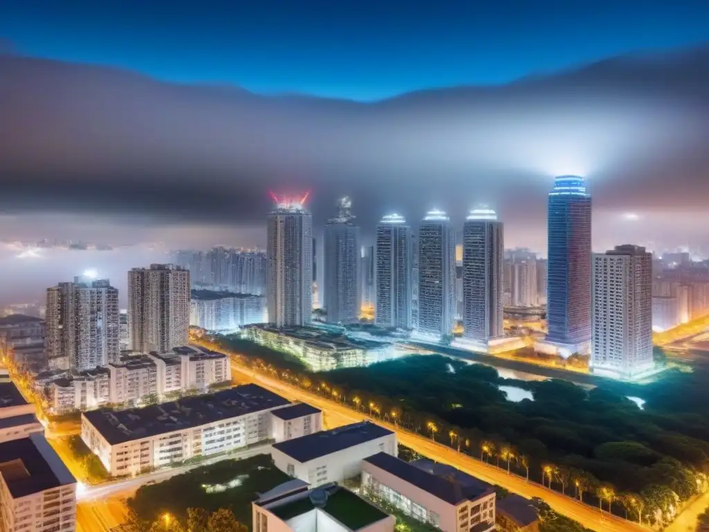 Metrópolis nocturna: luces y modernidad en alquileres Vista aérea nocturna de una ciudad vibrante con rascacielos iluminados y calles llenas de edificios modernos