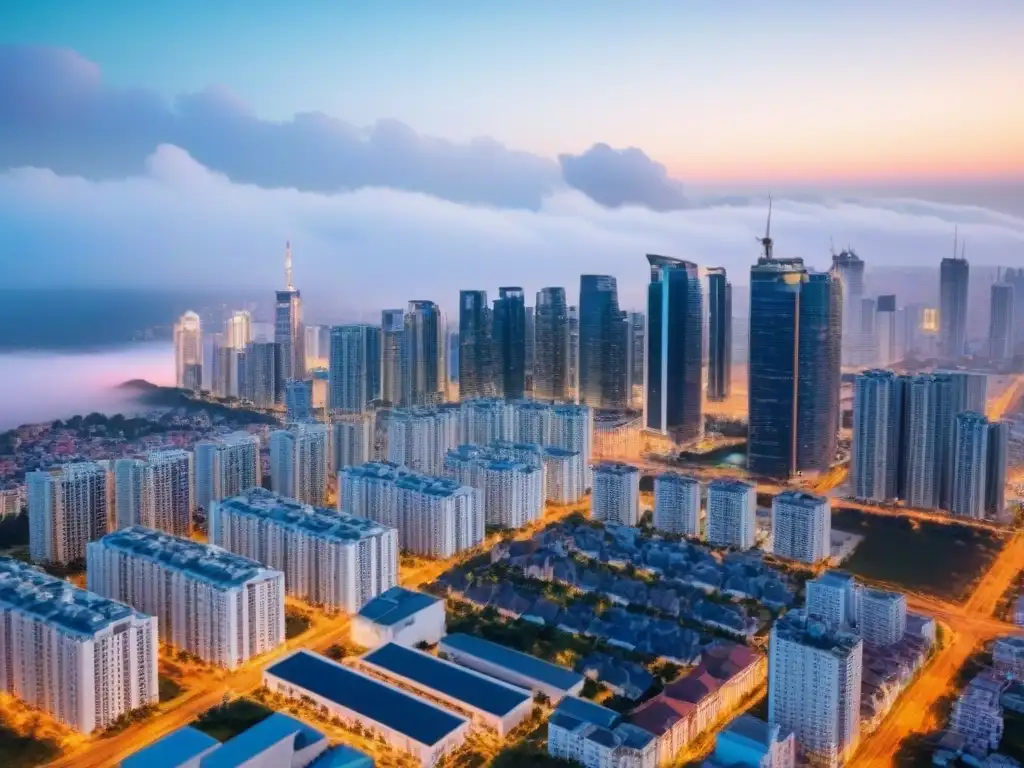 Contraste urbano: crecimiento inmobiliario diverso Vista aérea de un paisaje urbano con diferentes desarrollos inmobiliarios, simbolizando el crecimiento inmobiliario por regiones