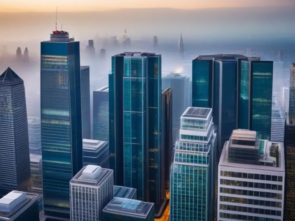 Oficinas modernas en distrito financiero: arquitectura urbana vibrante Vista aérea panorámica de edificios modernos en distrito financiero, reflejando la ciudad vibrante y resiliente en medio del impacto del Brexit