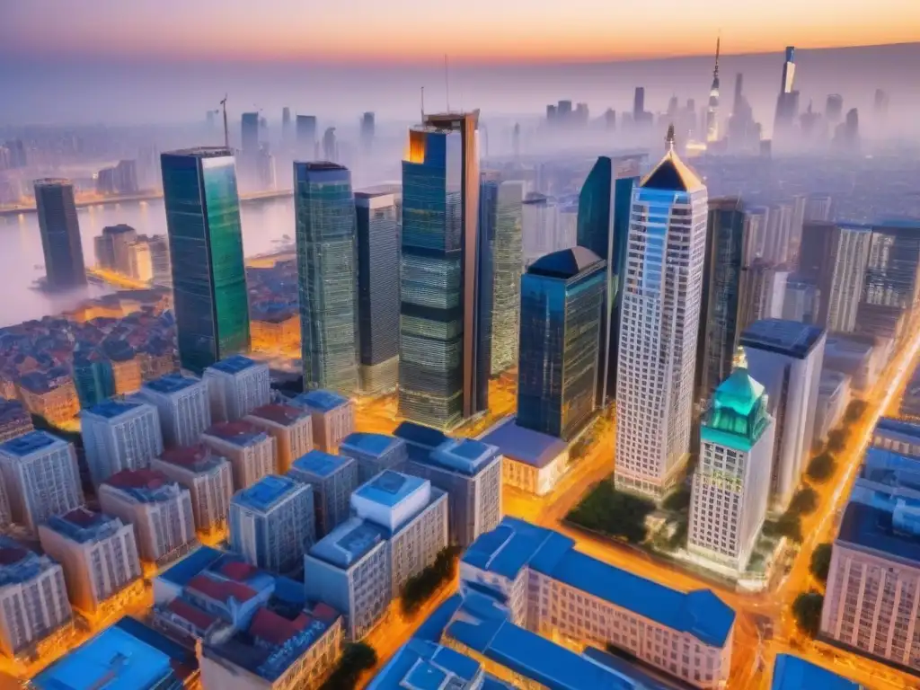 Contraste urbano: Evolución arquitectónica en la ciudad Vista aérea panorámica de la transformación del paisaje inmobiliario regional entre rascacielos modernos y edificios históricos