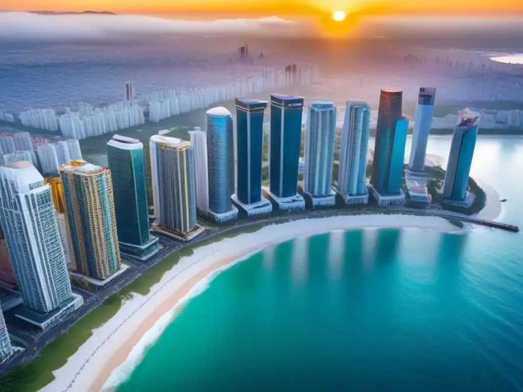 Inversiones internacionales: diversidad y sofisticación inmobiliaria Vista aérea de portafolio internacional de inversiones inmobiliarias, con rascacielos, propiedades de lujo y calles europeas, bañados en luz dorada