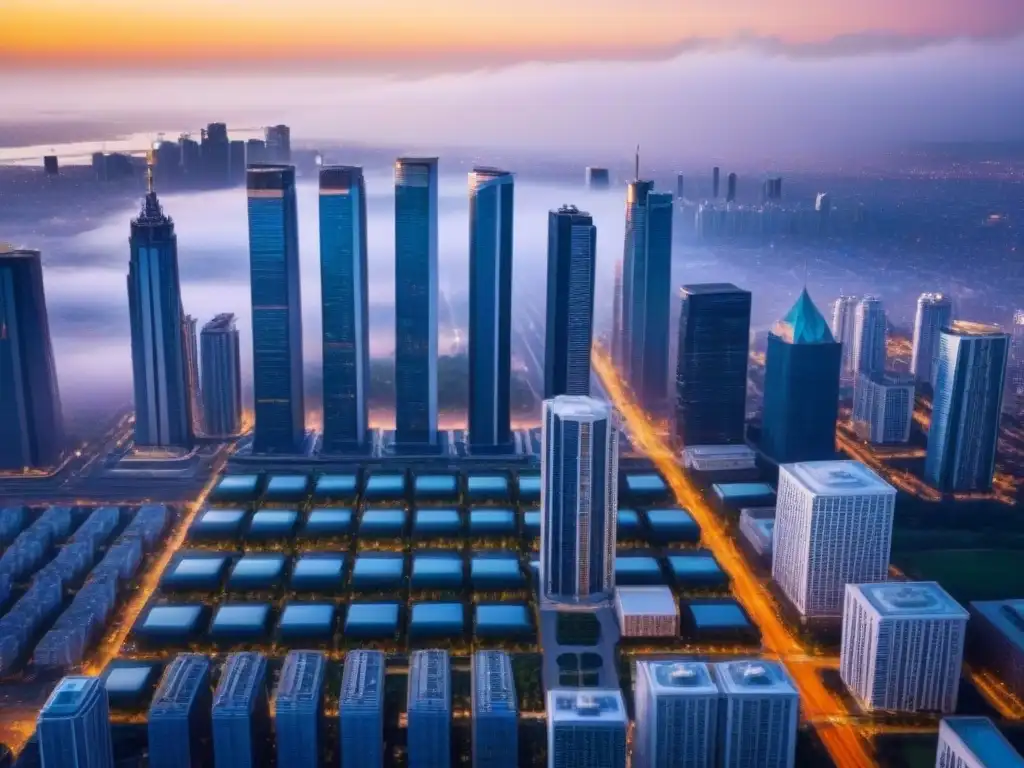 Metrópolis dorada: reflejos de modernidad y prosperidad Vista aérea de una próspera ciudad moderna al atardecer, con altos rascacielos de cristal reflejando la luz dorada del sol
