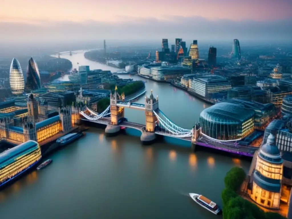 Torre de Londres y rascacielos: Brexit y finanzas inmobiliarias Vista aérea de Londres con Tower Bridge y rascacielos, simbolizando el impacto del Brexit en financiamiento inmobiliario