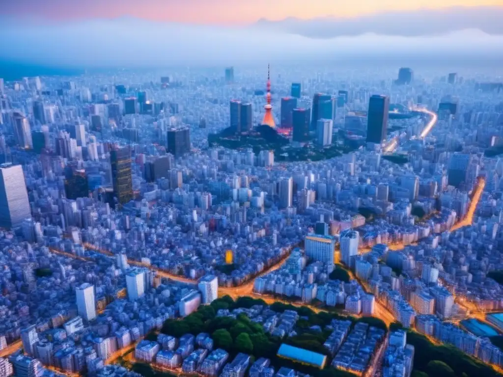 Tokio: amalgama arquitectónica entre tradición y modernidad Vista aérea de Tokio: rascacielos, templos y edificios residenciales