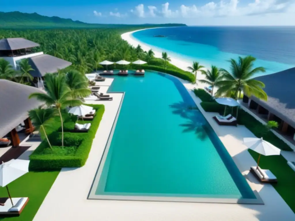 Paraíso tropical: resort de lujo frente al mar Vista aérea de resort de lujo en la playa con piscinas infinitas y jardines tropicales