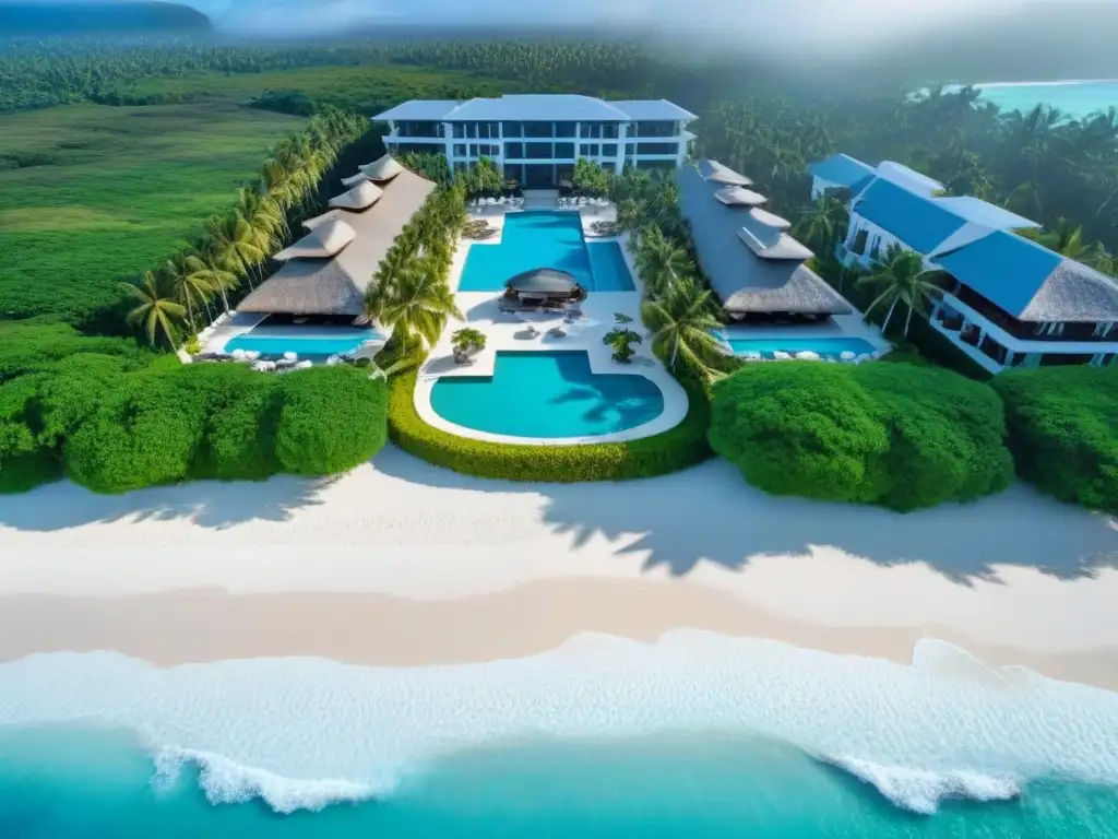 Resort de lujo: paraíso tropical frente al mar Vista aérea de resort lujoso en playa, rodeado de aguas turquesa y vegetación exuberante