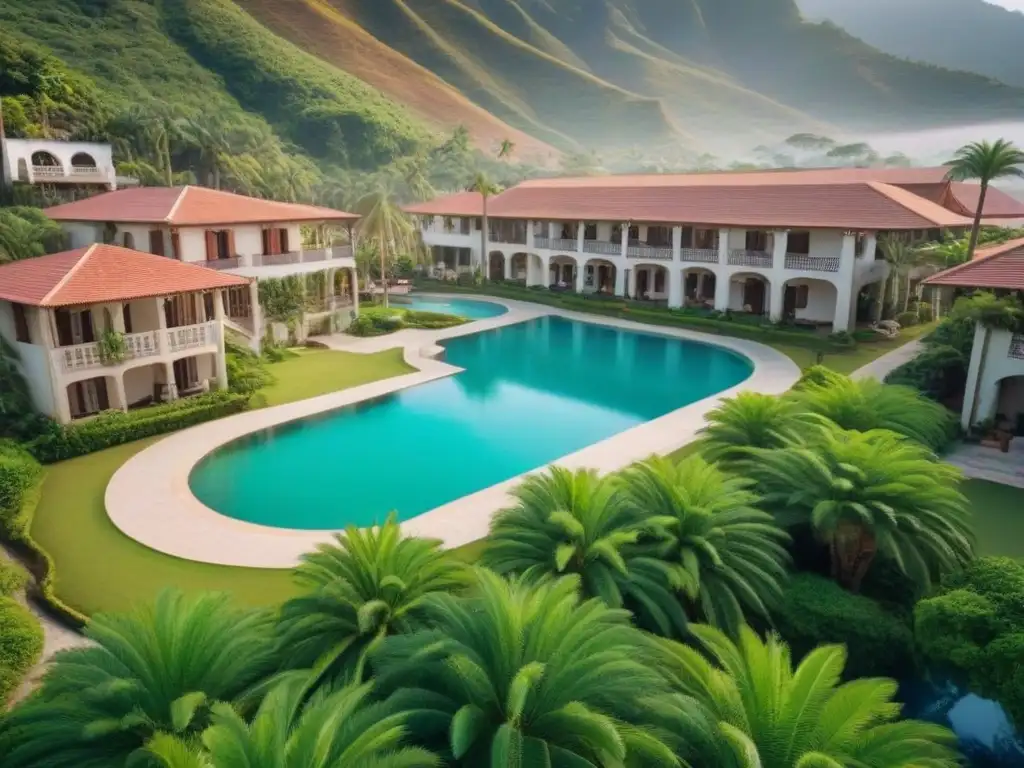 Oportunidad de inversión: Resort de lujo abandonado en entorno natural Vista aérea de un resort lujoso y descuidado entre montañas verdes, con piscina, palmeras y hotel elegante en ruinas