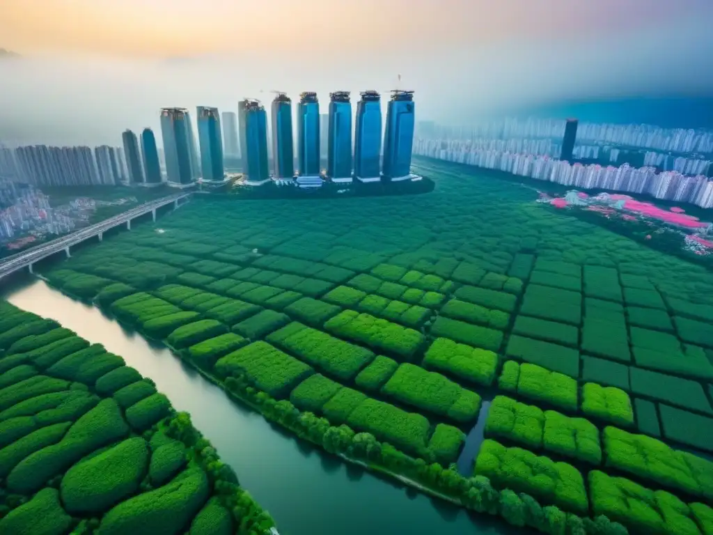 Arquitectura innovadora en la ciudad: un oasis urbano en Asia Vista aérea serena de ciudad asiática con modernos rascacielos y diseños arquitectónicos innovadores, rodeada de vegetación y río brillante