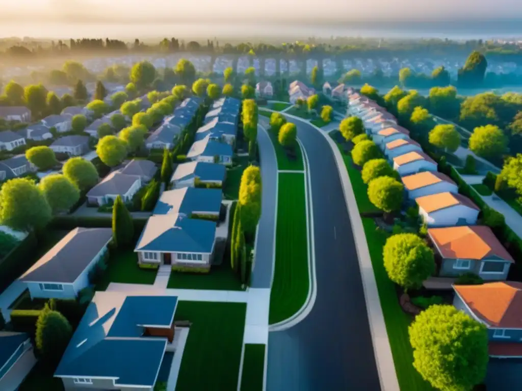 Diversidad arquitectónica en vecindario suburbano Vista aérea de vecindario suburbano con propiedades residenciales de distintos estilos y jardines verdes