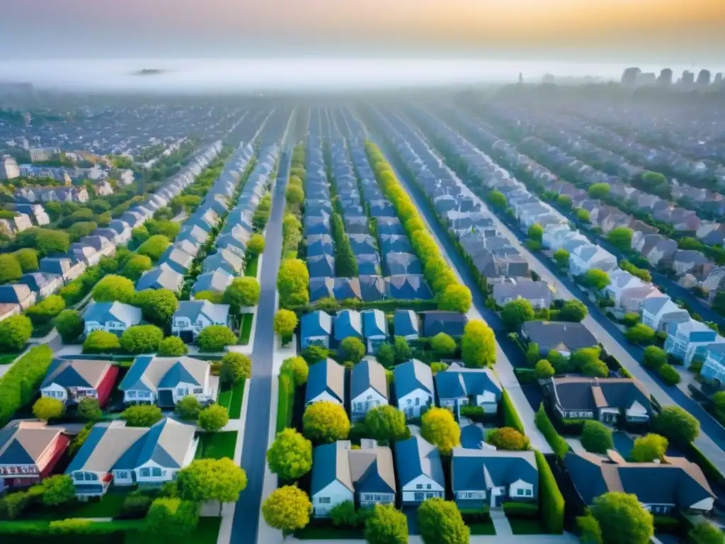 Barrio diverso: energía y arquitectura en financiamiento inclusivo Vista aérea de vecindario urbano diverso con edificios modernos, espacios verdes y calles llenas de gente de diversas etnias