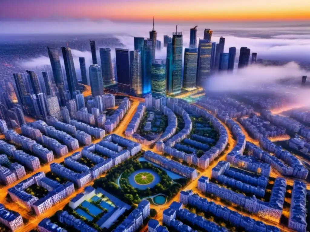 Vista aérea de una zona urbana bulliciosa con rascacielos modernos, espacios verdes y una vida callejera vibrante, mostrando el crecimiento dinámico y el potencial de las mejores zonas de inversión inmobiliaria emergentes en un paisaje urbano