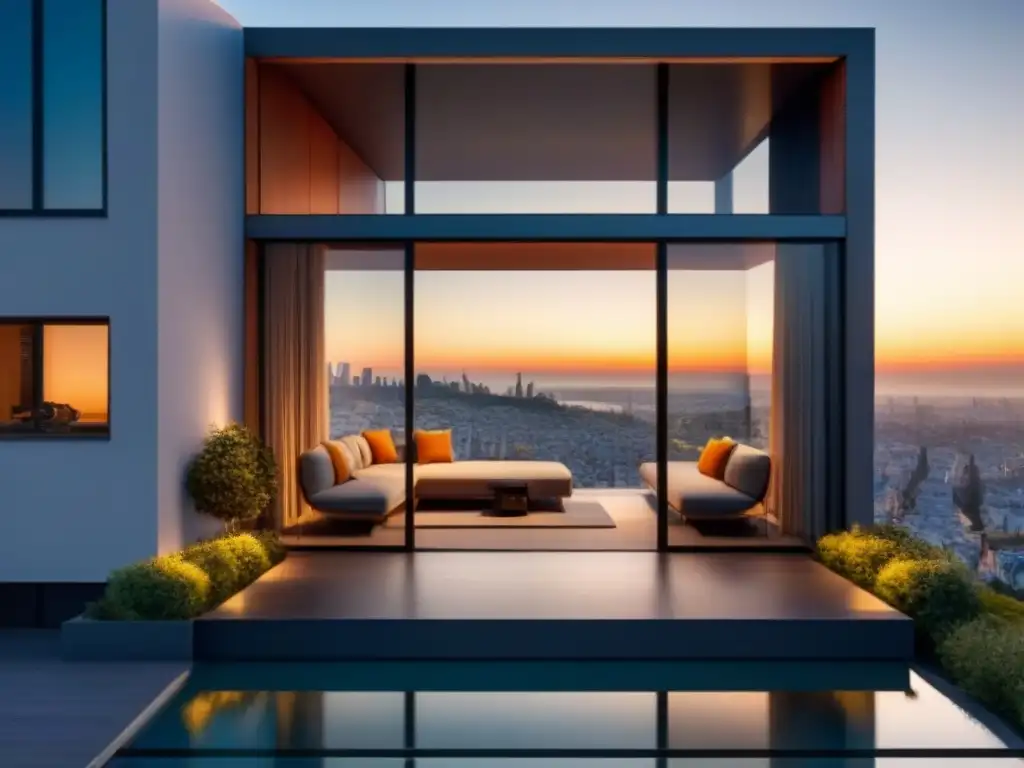 Fachada urbana minimalista con ventanales: ¡Prepara tu compra en la ciudad! Vista de una casa moderna con ventanales grandes reflejando la ciudad al atardecer, ideal para los pasos para comprar vivienda