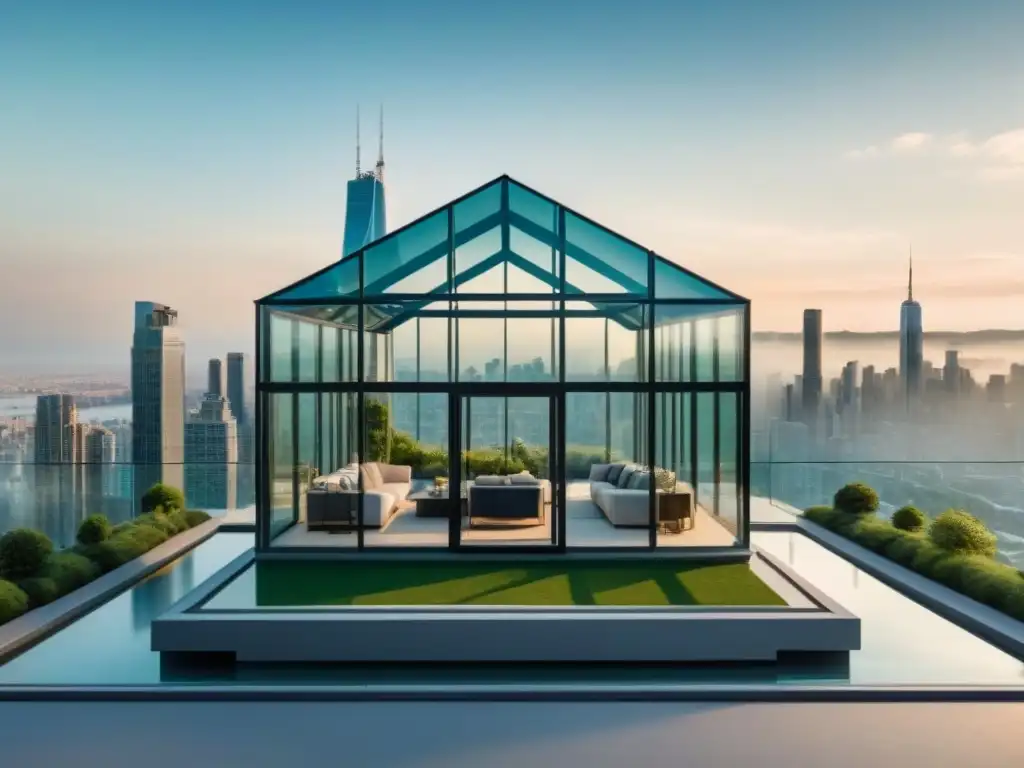 Casa de Cristal: Transparencia en Bienes Raíces Vista 8k de casa de vidrio transparente en ciudad, simbolizando transparencia en transacciones inmobiliarias e inversión