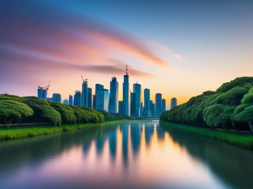 Horizonte urbano moderno al atardecer: crecimiento y prosperidad en el sector inmobiliario Vista de la ciudad al atardecer, con rascacielos modernos y parques verdes, simbolizando la inversión inmobiliaria bajo nuevo marco