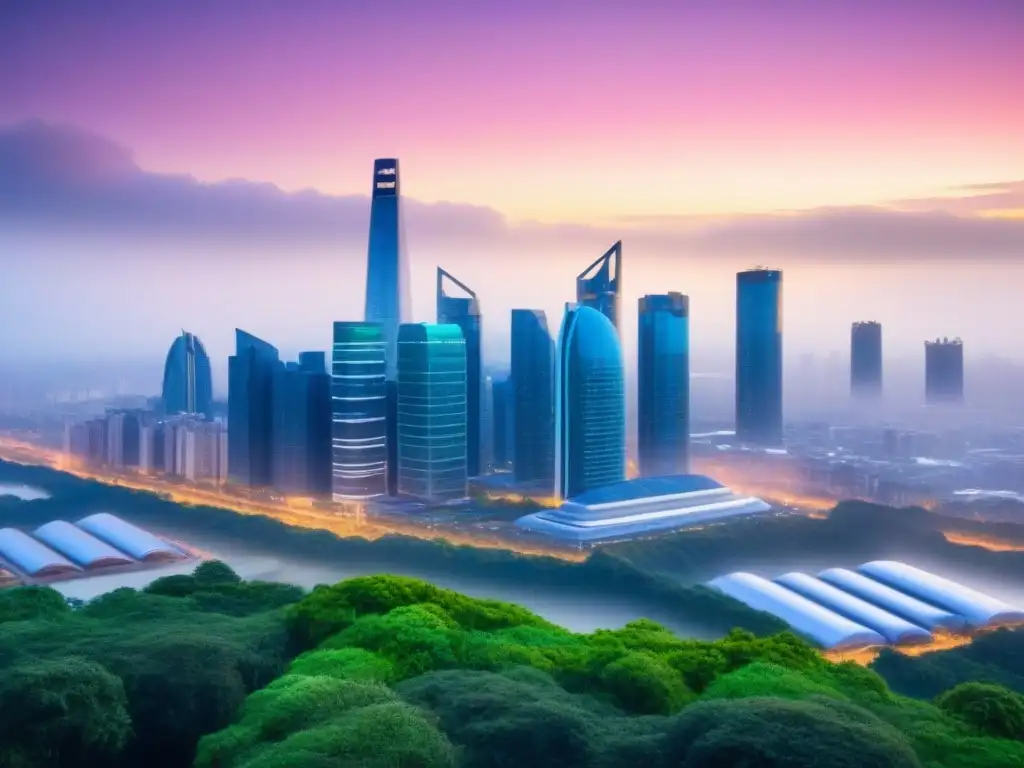 Skyline futurista eco-eficiente al atardecer Vista de ciudad futurista al atardecer con edificios sostenibles iluminados y créditos de carbono en inmuebles