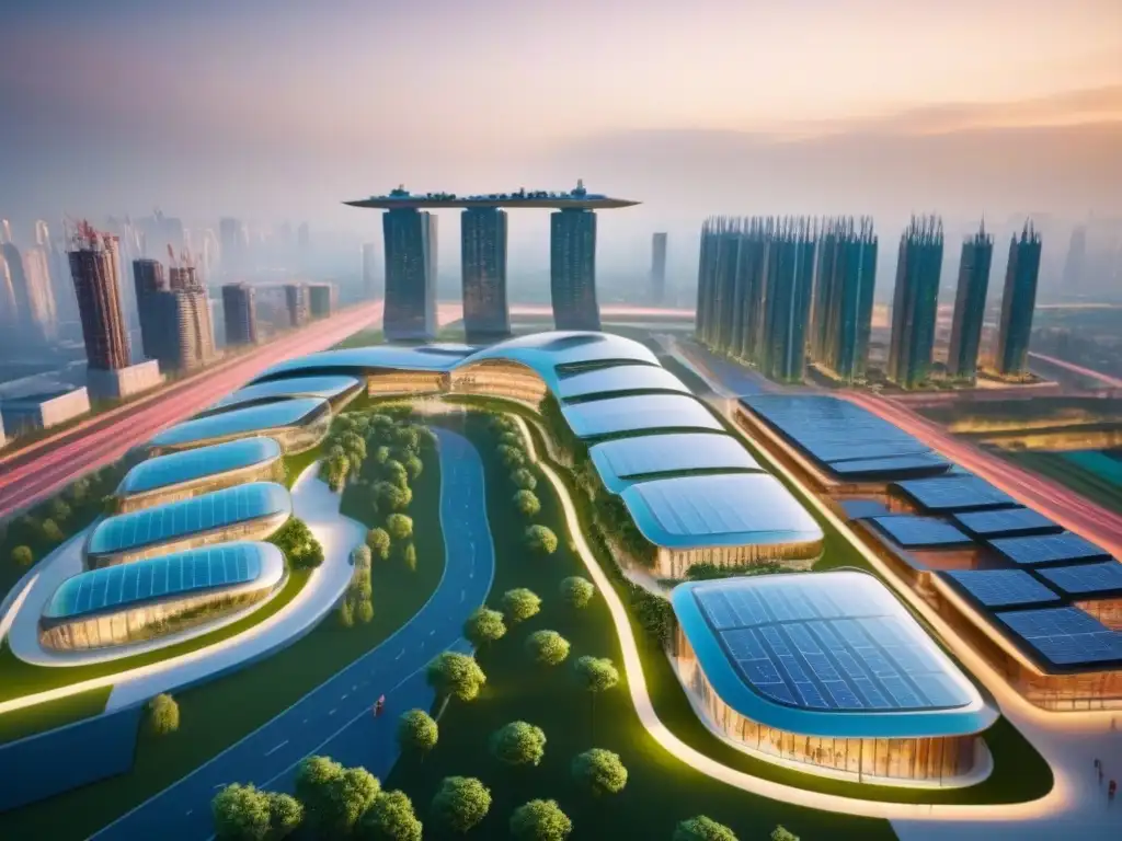 Horizonte urbano futurista: edificios sostenibles innovadores Vista de ciudad futurista con edificios sostenibles e innovadores de materiales construcción sostenibles innovadores