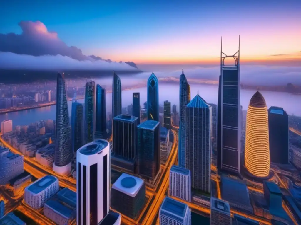 Metrópolis futurista: innovación y modernidad en arquitectura urbana Vista de la ciudad futurista al anochecer con rascacielos iluminados por luces de neón