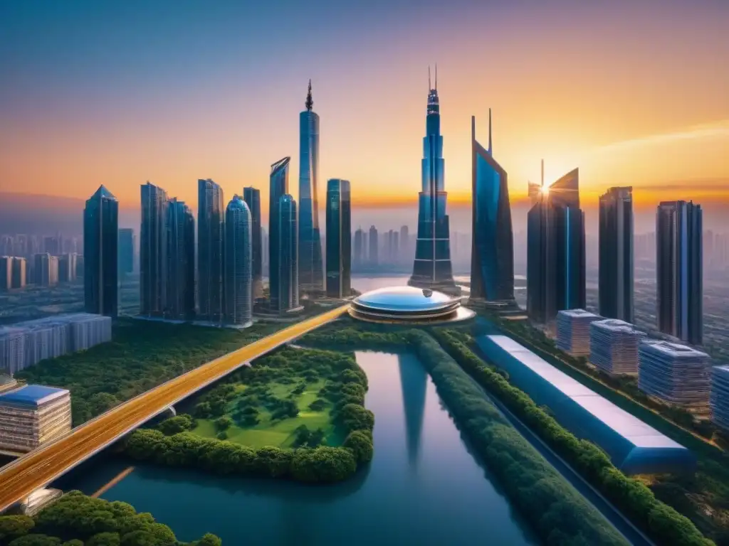 Metrópolis futurista: rascacielos dorados al atardecer Vista de una ciudad futurista con rascacielos modernos reflejando la luz dorada del atardecer, mostrando una fusión de naturaleza y tecnología