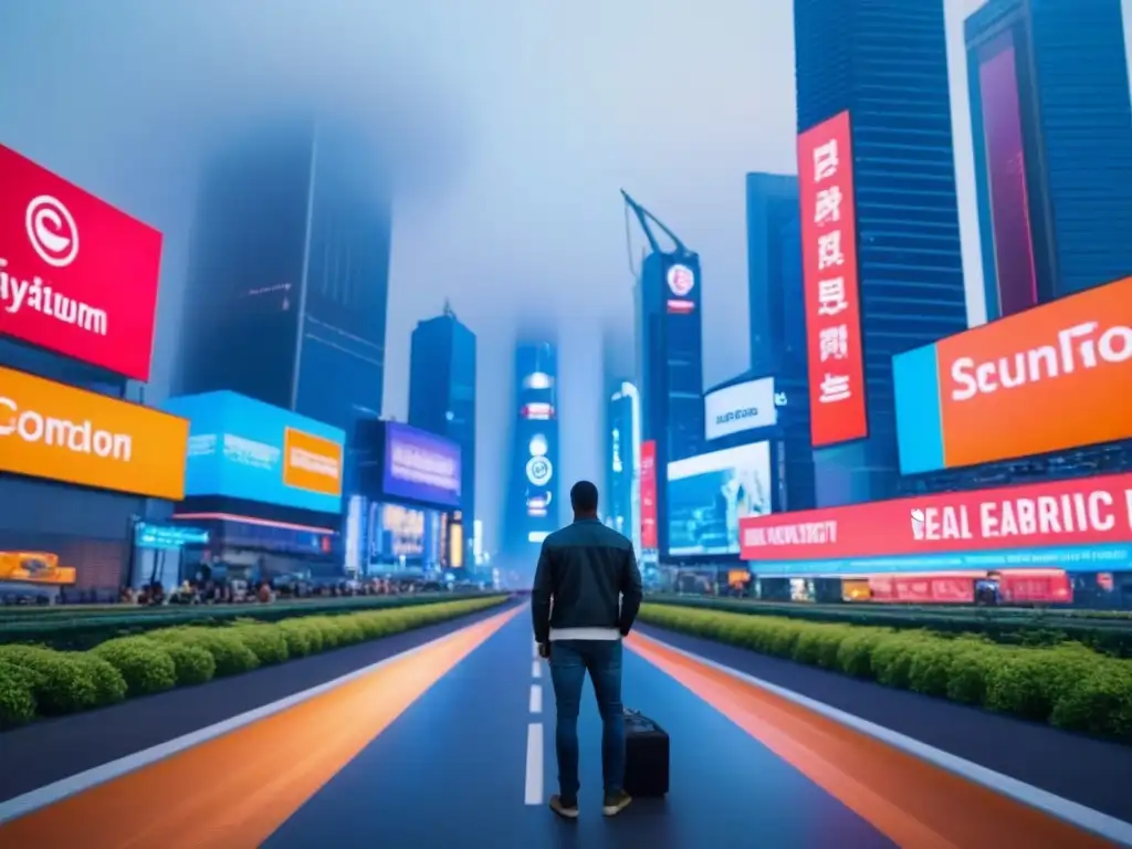 Metrópolis futurista: innovación tecnológica en la industria inmobiliaria Vista de ciudad futurista al anochecer con rascacielos tecnológicos y pantallas digitales mostrando soluciones para el sector inmobiliario