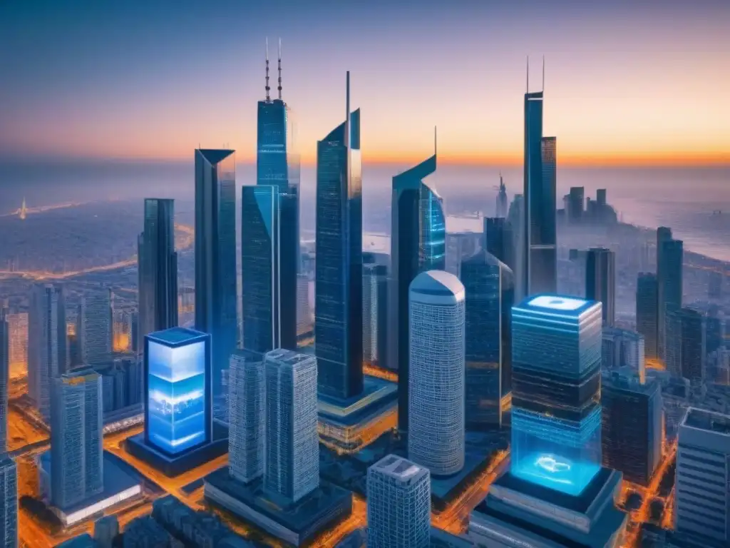 Metrópolis Futurista: Tokenización Inmobiliaria en la Ciudad del Mañana Vista de una ciudad futurista con rascacielos modernos interconectados por pasarelas transparentes, mostrando la tokenización inmobiliaria