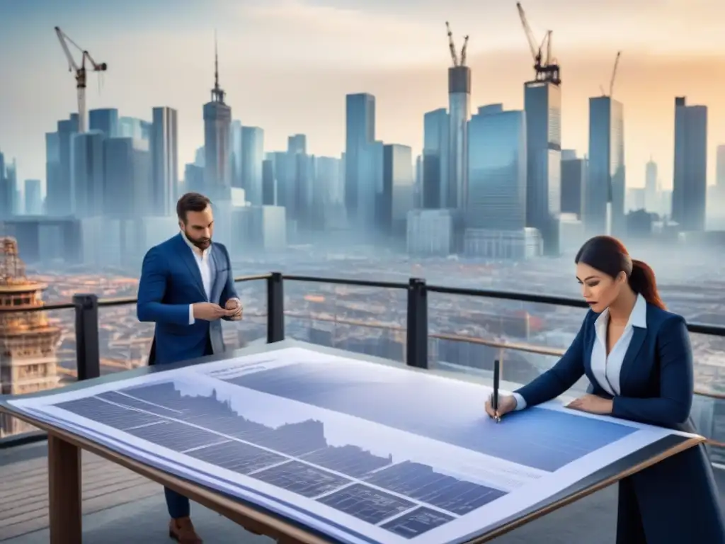 Resiliencia urbana: impacto de guerras en mercado inmobiliario Vista de ciudad con impacto guerras mundiales en mercado inmobiliario, mezcla de edificios históricos y modernos, personas trabajando juntas