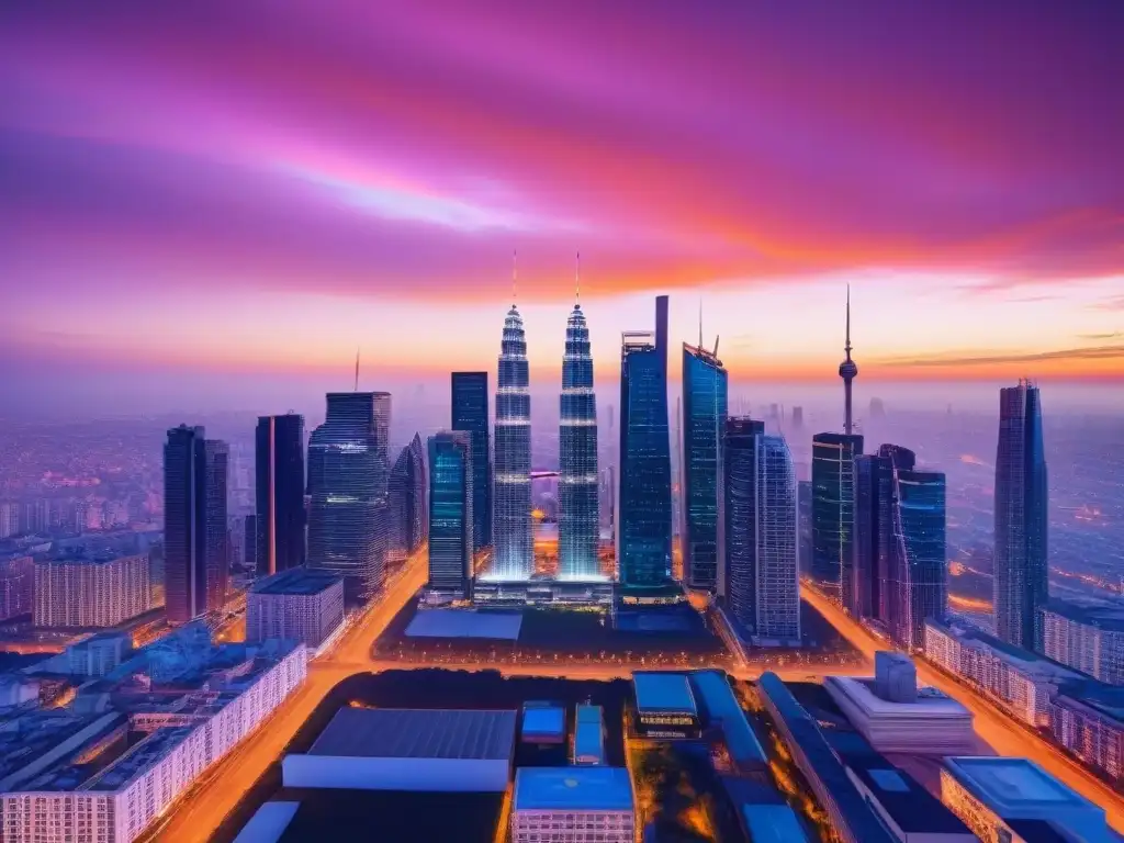 Horizonte urbano futurista al atardecer: seguro de propiedades Vista de la ciudad moderna al atardecer con rascacielos futuristas y luces brillantes