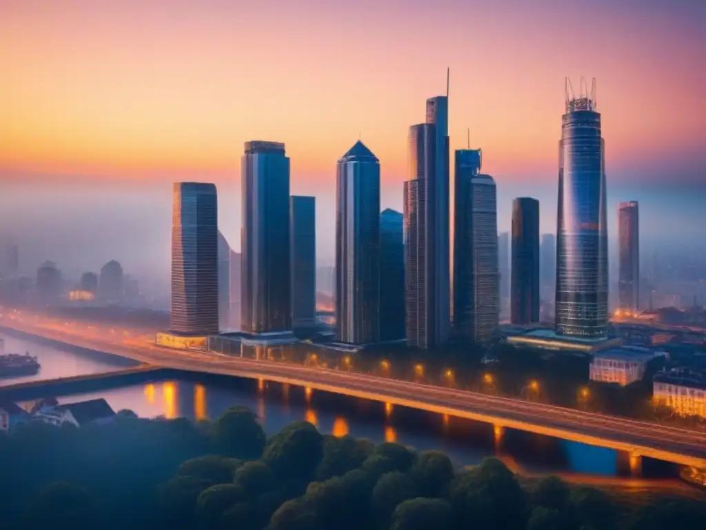 Horizonte urbano moderno al atardecer: impacto financiero y evolución inmobiliaria Vista de la ciudad moderna al atardecer con rascacielos reflejando el sol, simbolizando la normativa financiamiento inmobiliario local
