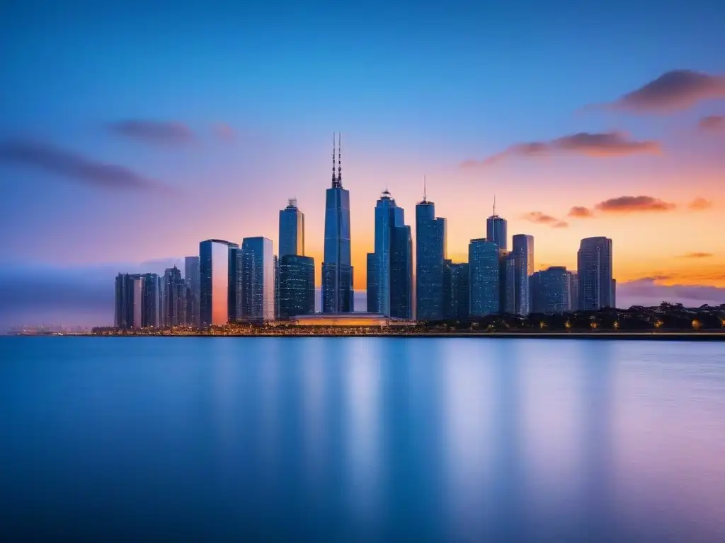 Horizonte urbano moderno al anochecer: luces y arquitectura contemporánea Vista de la ciudad moderna al atardecer con rascacielos iluminados y agua tranquila
